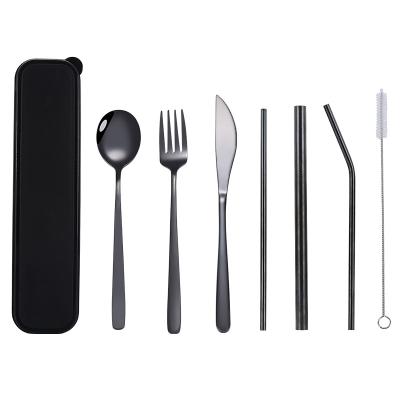 China Sustainable Outdoor Portable Camping Stainless Steel Cutlery Sets With Straws Set Knife Spoon Fork for sale