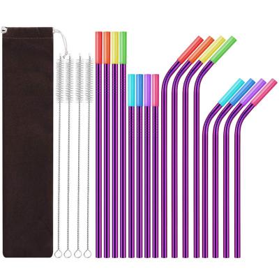 China Eco Friendly Reusable Purple Stainless Steel Straws Set With Silicon Tips for sale