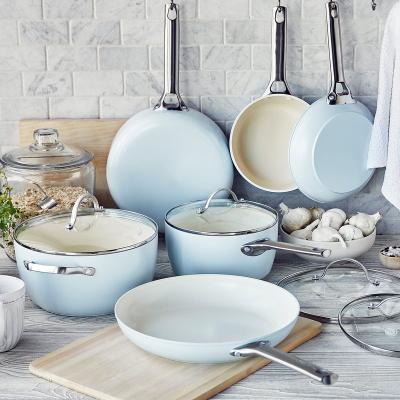 China 10 Pcs Sustainable Classic Light Blue Non-Stick Kitchen Cares Ceramic Cookware Set With Stainless Steel Handle for sale