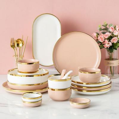 China Viable White Nordic Ceramic Spoon Chopsticks Dish Bowl Phnom Penh Tableware Set Dinner Style Pink Free Collocation for sale