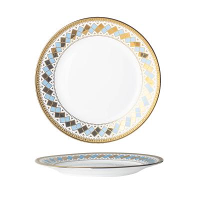 China Tableware Sustainable Best Selling Nordic Porcelain Plates Blue Lattice Gold Snowflake For Kitchen Wedding Custom Design for sale