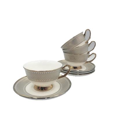 China Sustainable European Style Coffee Cup And Saucer Six Cup Saucer Gift Box Sets Plated Embossed Gold for sale