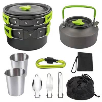 China Lightweight Outdoor Camping Hiking Picnic Cookware Set Cooking Pots With Kettle And Carabiner Outdoor Equipment Cooking Set for sale