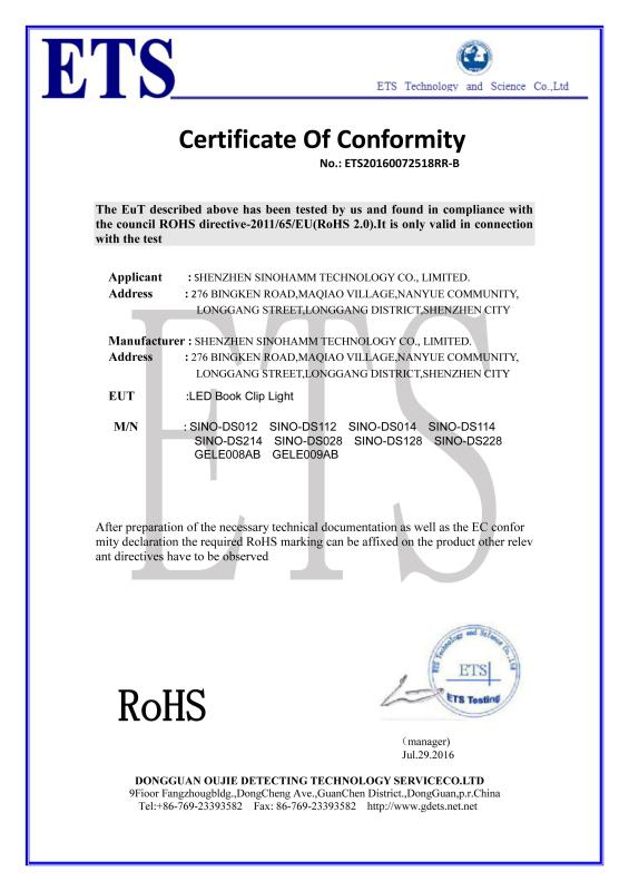 ROHS - Shenzhen Sinohamm Technology Co.,Ltd