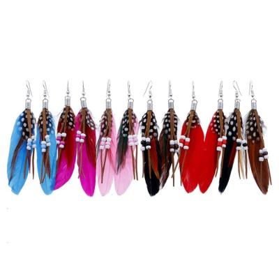 China Colorful Fashion Ethnic Girl Drop Ear Beads Resin Vintage Tassel Feather Earrings Bohemia Feather Dangle for sale