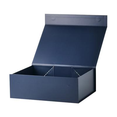 China Dark Blue Packaging Gift Box Custom Clothing Apparel Industry Folding Magnetic Gift Box With Ribbon Handle for sale