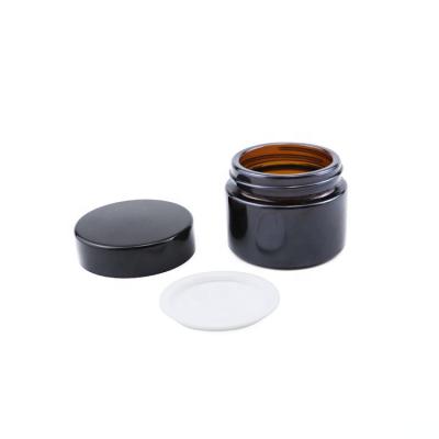 China Cap 50g 50ml Glass Packaging Cosmetics Round Glass Jars Amber Cosmetic Cream Jar Plastic Black Brown Cosmetic Jar With Black Screw Lid Cap for sale