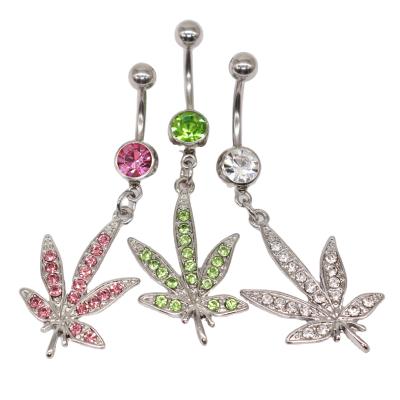 China Popular Gaby CZ Dangle Gem Weed Leaf 316L Belly Rings Body Piercing Surgical Steel Jewelry for sale