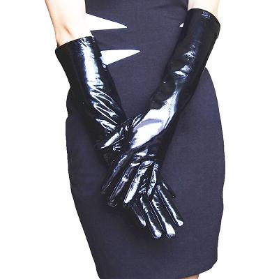 China Wholesale 40cm15.7inches Womens Opera Soft High Quality Black Shiny Long Leather Gloves For Party 100% Sheep Leather Gloves for sale