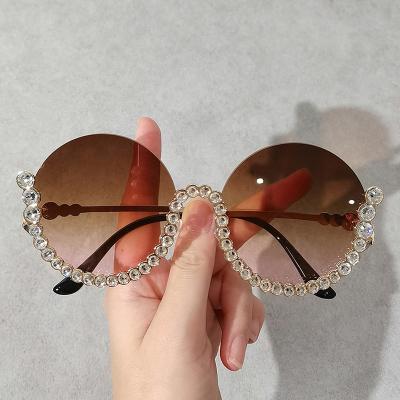 China Women Vintage Glass Half Frame Female Round Crystal Decoration Ladies Round Sunglasses Party Pink Brown for sale