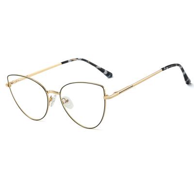 China Fashion women's metal gold glass light blue high quality optic female light blue frame optical cat eye white pink glass frame accessories for sale