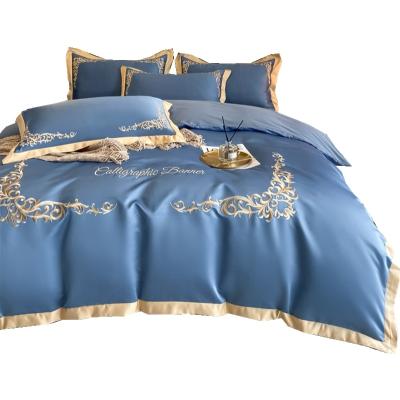 China Nondisposable European high-grade four-piece embroidery bed set summer all comforter light luxury cotton sheet ice high-grade silk feeli for sale