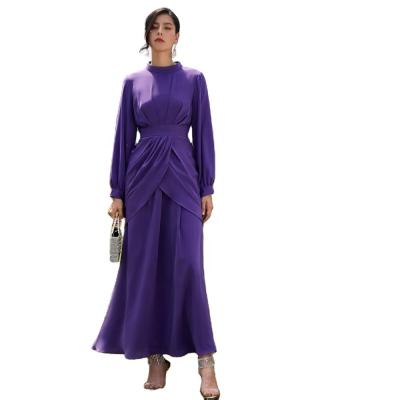 China Women Anti-Wrinkle Pleats Malaysian Elegance Solid Color Party Two Piece Muslim Evening Dress Modest Neck Maxi Dress Long Sleeve Mock for sale