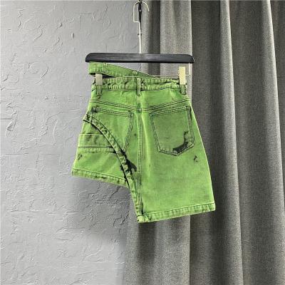 China Summer viable Neomen's denim skirt customized double-roaist irregular mini skirt for women green asymmetrical short skirt for sale