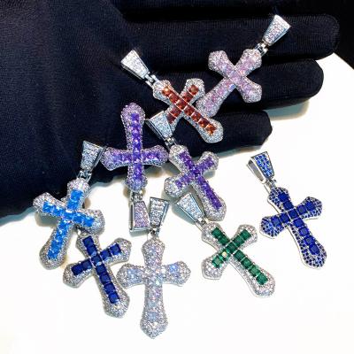 China Silver Color CZ Necklace Bling Cross Pendant Charms Hiphop Colorful Zircon Cross Outlet Jewelry Cute Iced Out Pendant Necklace Women for sale