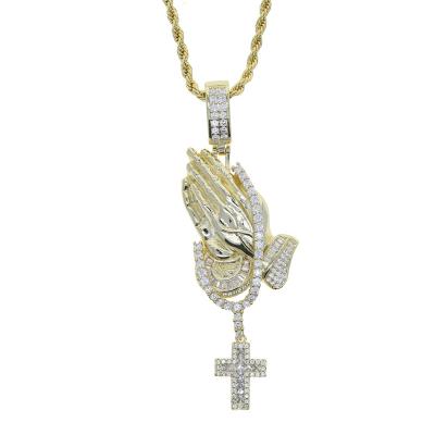 China Cute Fold His Hands Together Cross Pendant Iced Out Zircon Mens Jewelry Gold Silver Color for sale