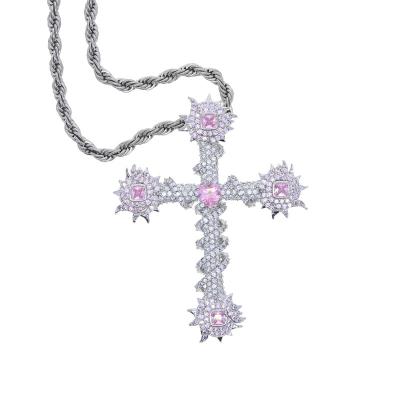 China Hiphop Heart Pink Zircon Iced Out Cross Hip Hop Pendant Necklaces Cross Necklace For Women Men for sale