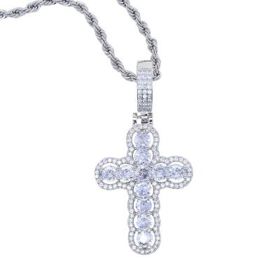 China Hiphop Hip Hop Iced Out Silver Plated Hollow Out Cross Charm Pendant Necklace for sale