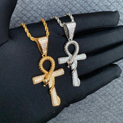 China Hiphop Hip Hop Zircon Snake Shape Cross Pendant Necklace 18k Gold Plated Iced Out Charm Necklace Chain Jewelry for sale