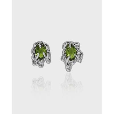 China New Korean Fine Design Jewelry Peridot Green 925 Sterling Silver Asymmetrical Gemstone Stud Earrings for sale