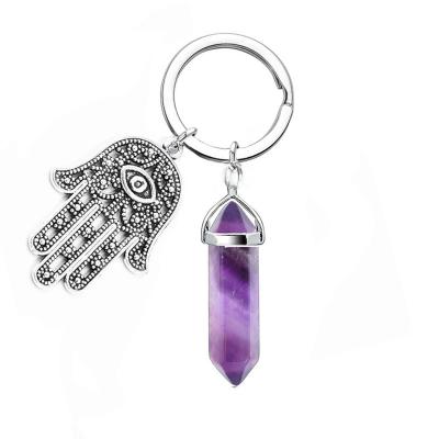 China Gift Souvenir Hamsa Hand Evil Eye Amulet and Healing Stone Hexagon Crystal Point Keyring Pendant Lucky Charm Keychain Silver Carabiner for sale