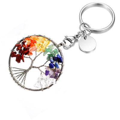 China Natural Crystal Stone Keychain Charm Pendant Gift Keepsake Tree of Life Handmade Reiki Gemstone Chips Copper Wires Wrapped DIY Key Chain for sale