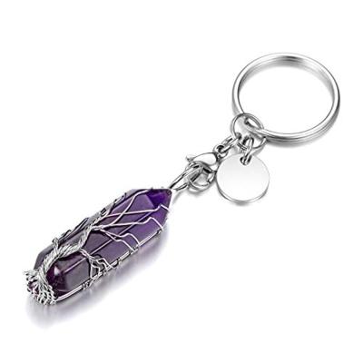 China Healing Crystal Tree of Life Wrapped Gift Keepsake Charm Amethyst Rose Quartz Point Pendant Key Chain Keyring for Women Gifts Bag Decor for sale