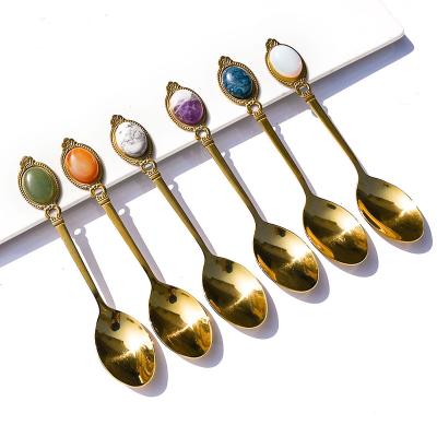 China Retro Global Natural Crystal Stone Spoon Stainless Steel Dessert Coffee Spoons Decorative Gemstones For Cafe Tableware for sale