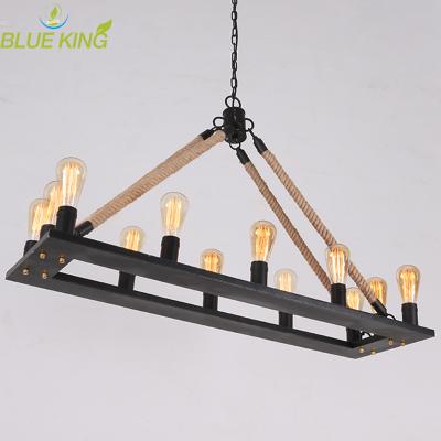 China Vintage Industrial American Attic Large 10 Bulb Edison Black Wrought Iron Chandelier Lighting Lamp with Hemp Rope for sale