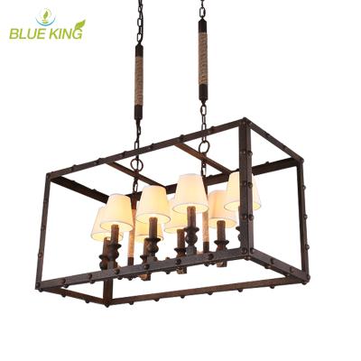 China Traditional High Quality Large Hemp Rope Iron Rust Brown Rectangle Reception Pendant Lights Industrial Lighting for sale