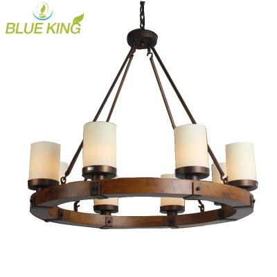 China Rustic Industrial Round Glass Ceiling Wooden Pendant Light Living Room for sale