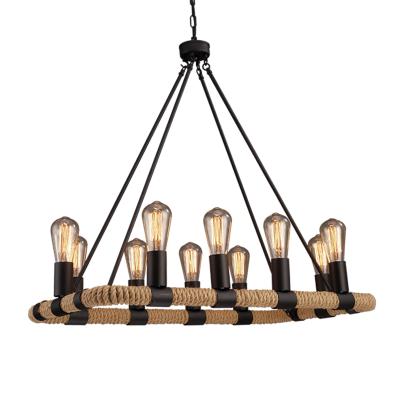 China Dining Warm Decorative Hemp Rope Knitted 10 Lights Rectangle Edison Iron Pendant Light Fixtures for sale