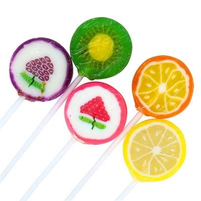 China Vitamin fruit flavor orange, lemon, grape shape flat round hard candy lollipop for sale