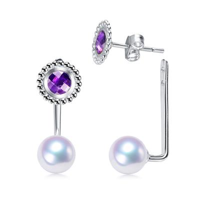 China High Quality 6.5-7mm Akoya Pearl Earrings Environmental Friendly 585 Jewelry Hawaiian Jewelry Wholesale With Purple Zircon for sale