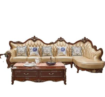 China Luxury Solid Wood (Other) European Style Adjustable Hand-carved Leather Corner Sofa Living Room Set for sale