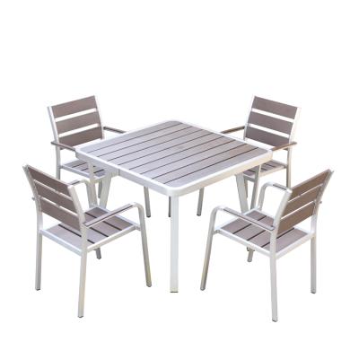 China Modern hotel/garden/outdoor/beach/metal square leisure pool/patio garden furniture plastic wood top set for sale