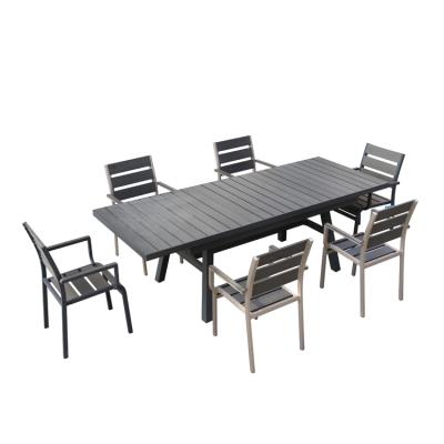 China Garden Set Gary Multifunctional Dark Plastic Wood Top Extendable Metal Patio Furniture Table for sale