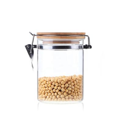 China Viable Clear Borosilicate Glass Food Storage Jars Canisters Containers With Airtight Locking Flange Bamboo Lids for sale