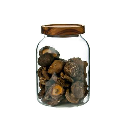 China New Sustainable Borosilicate Glass Food Storage Jar with Airtight Acacia Wood Lid for Spice, Food, Sugar, Tea Storage for sale