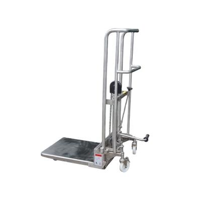 China Hotels 200kg Hydraulic Manual Stainless Steel Fork Stacker Lifter With Option Platform for sale