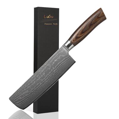 China Viable Custom Logo 7.3 Inch Professional Kitchen Knife Damascus Nakiri Knife With Pakka Wood Handle for sale