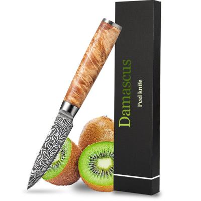 China Viable Luxury Skin Knife 3.5 Inch 67 Layers Carbon Damascus Steel Japanese Paring Knife With Resin Burl Handle for sale