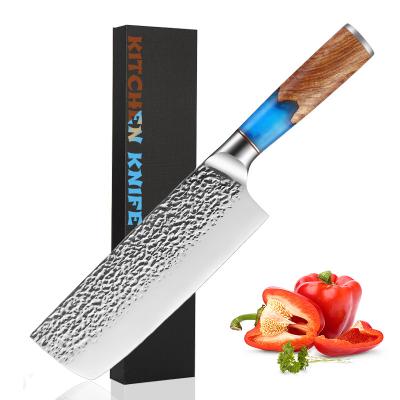 China Wooden Blue Color Stainless Steel Color Nakiri Knife Hammer Pattern Resin Cleaver Viable Forged Sharp Chef Kitchen Knives for sale