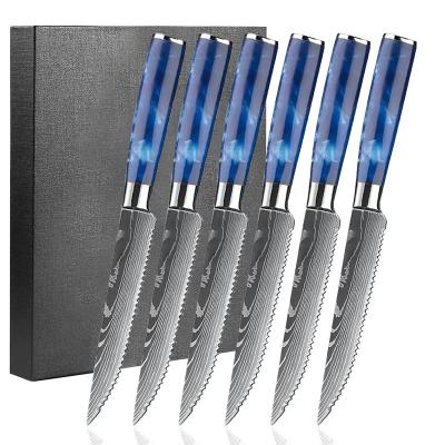 China Viable 4.5 Inch 6 Pcs Steak Knives Sets Damascus Style 4cr13 Stainless Steel Serrated Steak Knife Beef Cleaver Restaurant Table Knife for sale