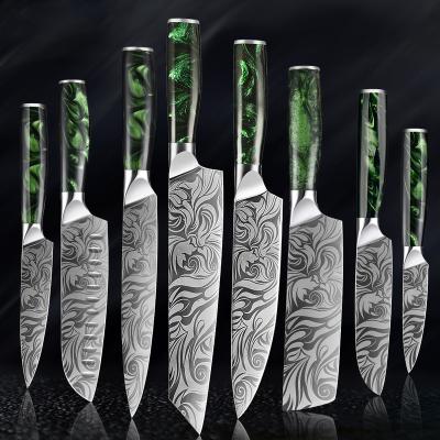 China Durable 10pcs Stainless Steel Resin Handle Knife Set Laser Damascus Pattern Kitchen Knife Set for sale