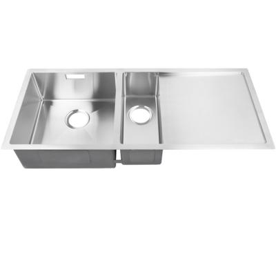 China Without Faucet OEM SUS304 Undermount Double Bowl Brushed Stainless Steel Surface Handmade Sinks With Drain Panel for sale