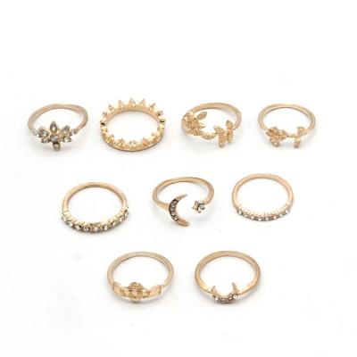 China TRENDY 9 Piece Women's Rings Set Fashion Rhinestone Crown Moon Star Leaf Rose Simple Accessories for sale