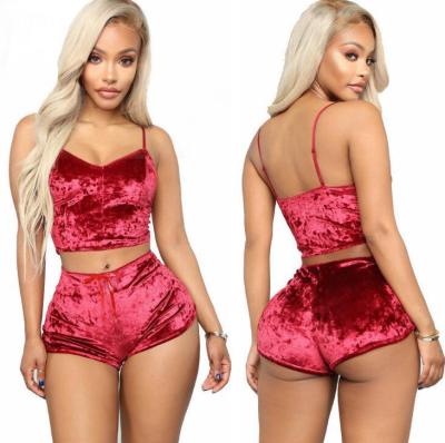 China Breathable Lady Velvet 2 Piece Outfit Spaghetti Strap Sleeveless Crop Top+ Shorts Sleepwear Set Women for sale