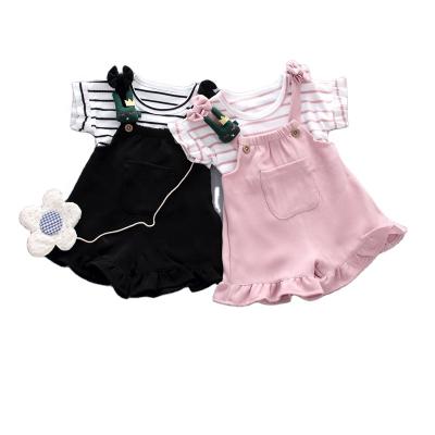 China Premium Infant Toddler Pink Print Short Sleeve Casual Ruffle Newborn Outfit Babies Clothing Set for sale