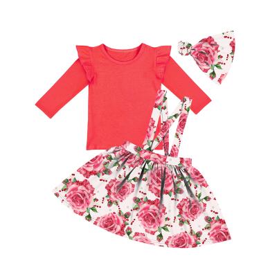 China Casual Red Flower Print Long Sleeve Tops Outfits and Dress Toddler Babies Long Outfits Clothing Sets for sale